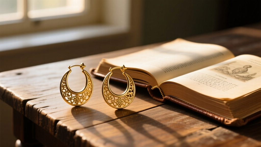 Ancient-style gold hoop earrings resting on a wooden table beside an open leather-bound Bible in soft morning light