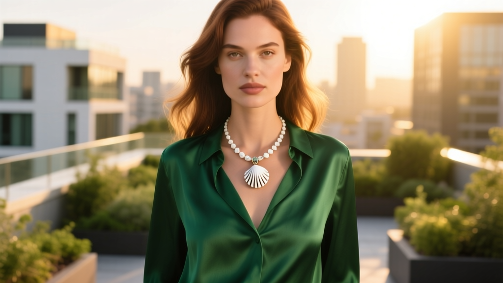 Woman wearing a white shell necklace with cowrie pendants over a dark green silk blouse, illuminated by warm golden hour light