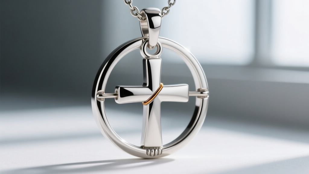 Close-up of a soldered fixed bail on a sterling silver circle cross pendant, showing the secure mount that prevents flipping.