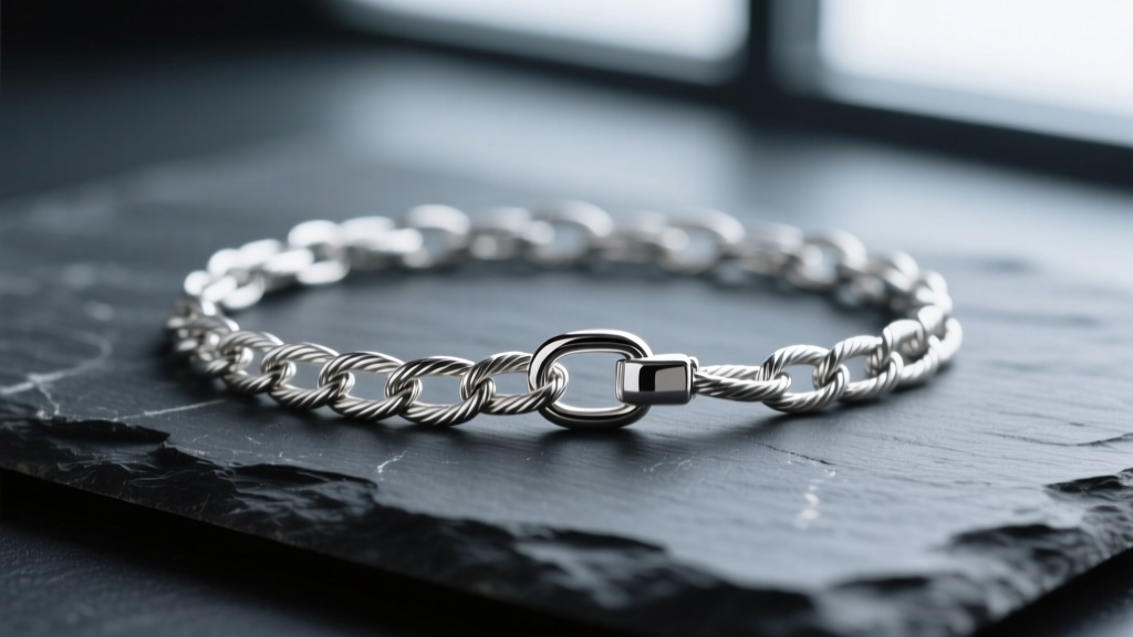 Macro view of a 0.9mm sterling silver cable chain on dark slate, showing interlocking links and a small clasp in soft light.