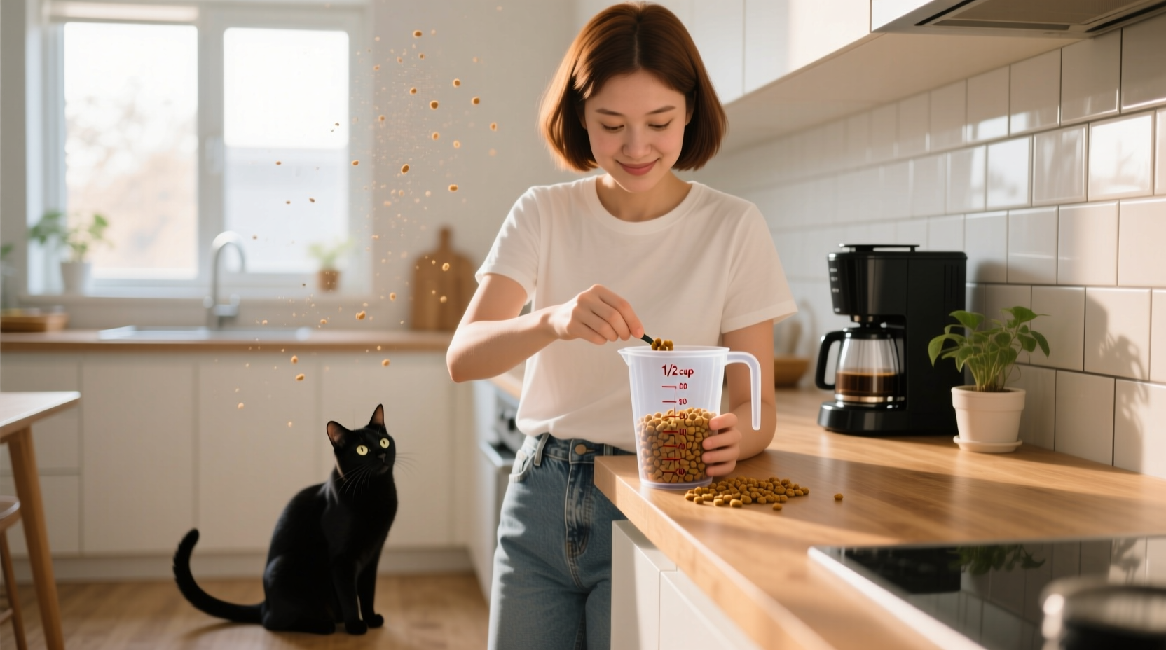 Cat owner measuring dry food with measuring cup