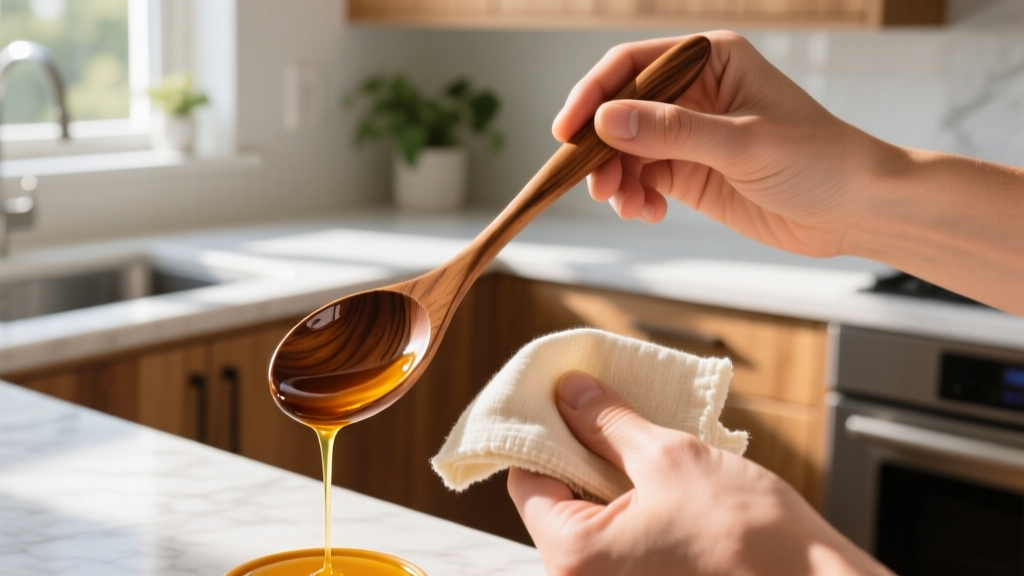 Hands applying food-grade beeswax and mineral oil blend to a vintage walnut stirring spoon using a soft cotton cloth in a sunlit kitchen