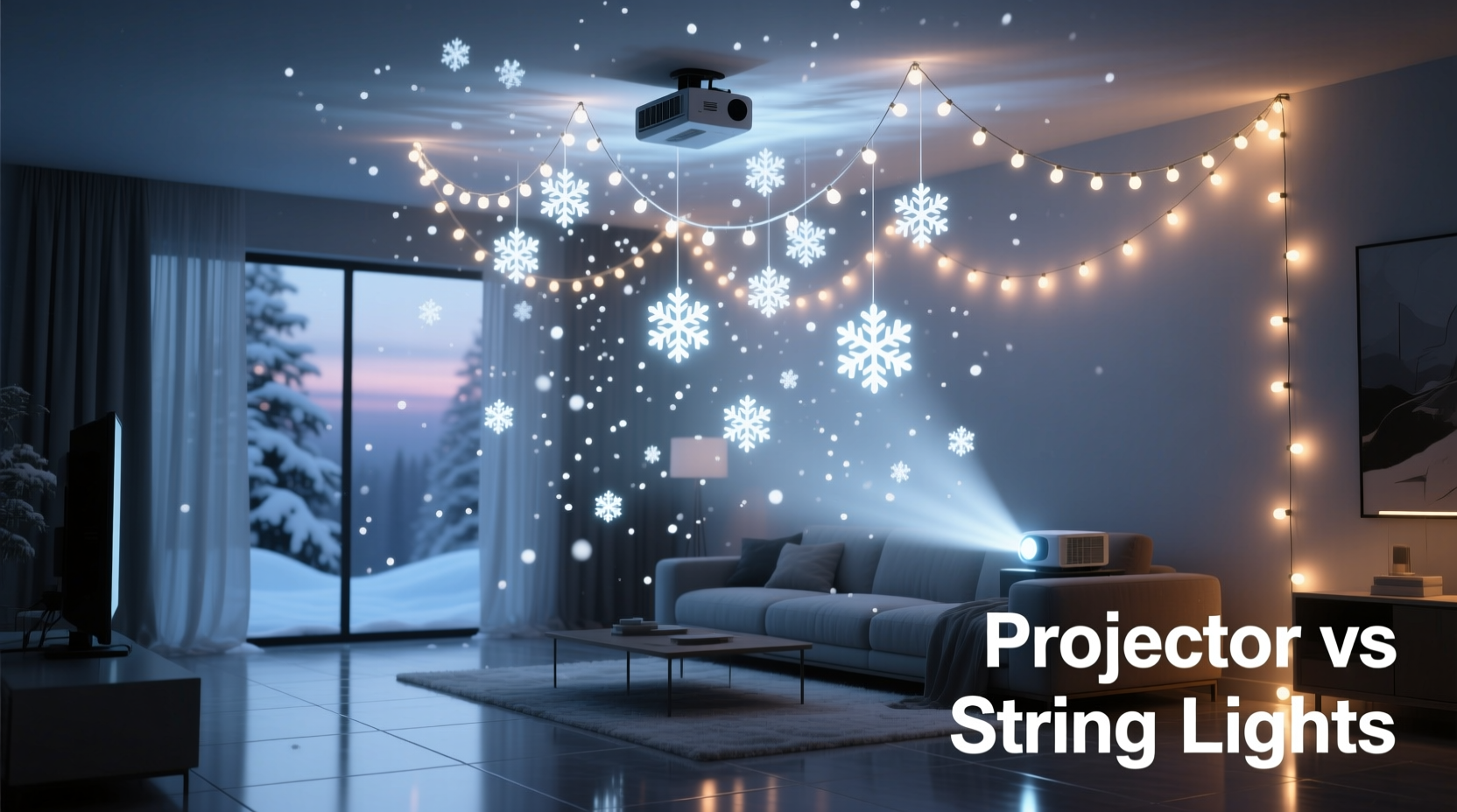 projector vs string lights for creating falling snow illusion indoors