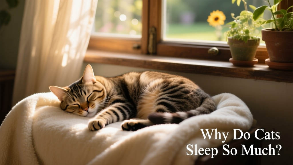 A relaxed adult cat napping peacefully on a soft blanket in a sunlit window