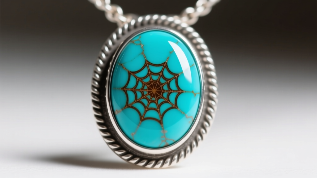 Close-up of a turquoise cabochon in a southwestern necklace bezel, showing brown spiderweb matrix and a highly polished surface.