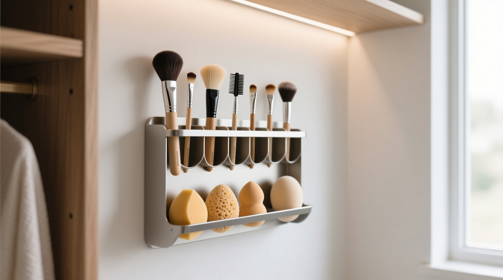closet organization tips beauty brush sponge storage