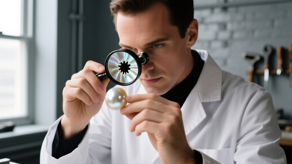 Jeweler using a loupe to inspect the drill hole of a 13mm pearl, revealing thick solid nacre layers inside the bead structure.