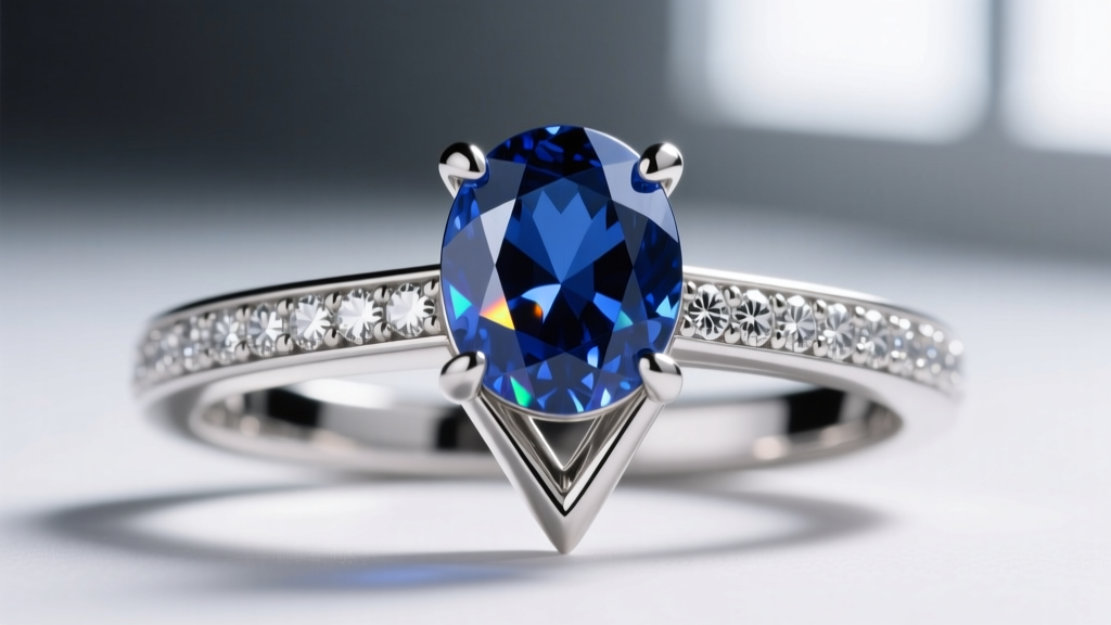Macro photography of a V-prong setting securing a deep blue oval sapphire, highlighting precise metalwork and a diamond pave band