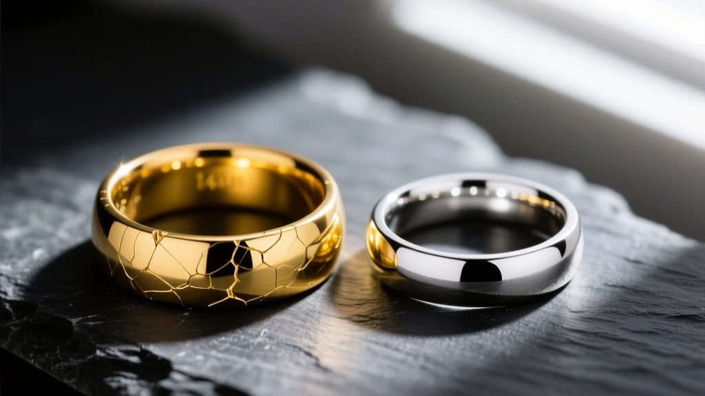 Macro shot of a scratched 14k yellow gold band beside a pristine 18k white gold ring on dark slate under dramatic side lighting.