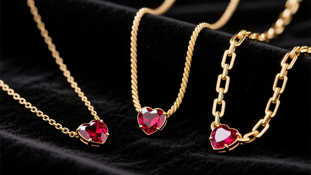 Three ruby heart gold necklaces on black velvet, comparing 1mm box chain, 1.5mm rope chain, and 2mm figaro chain link styles