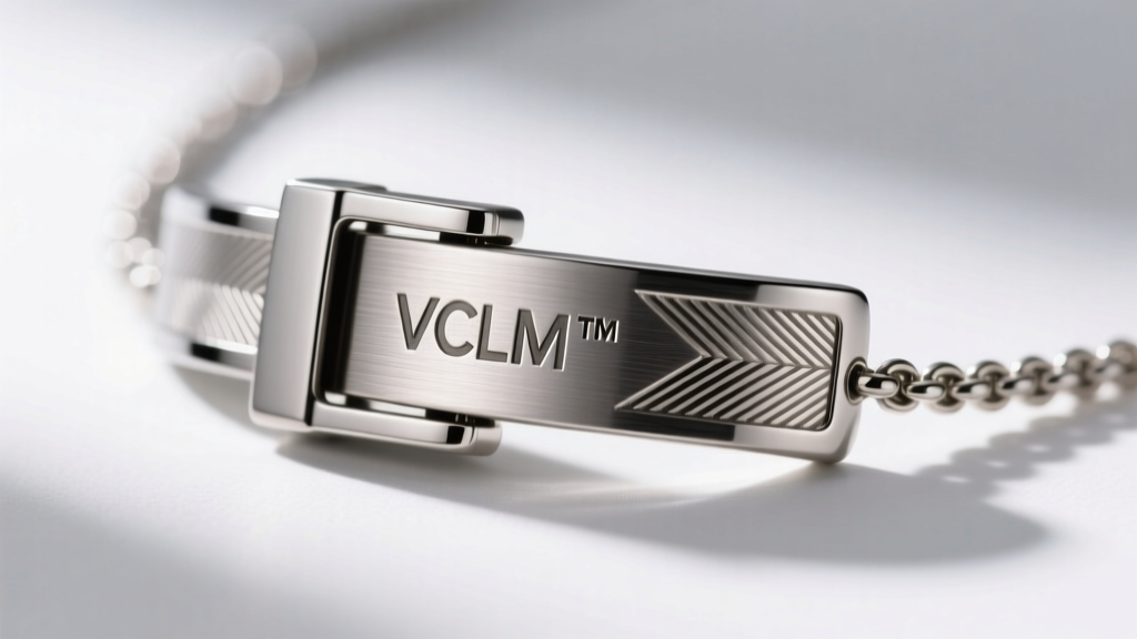 Macro shot of a titanium VCLM TM necklace clasp revealing a laser-engraved serial hallmark and precise micro-milling texture.