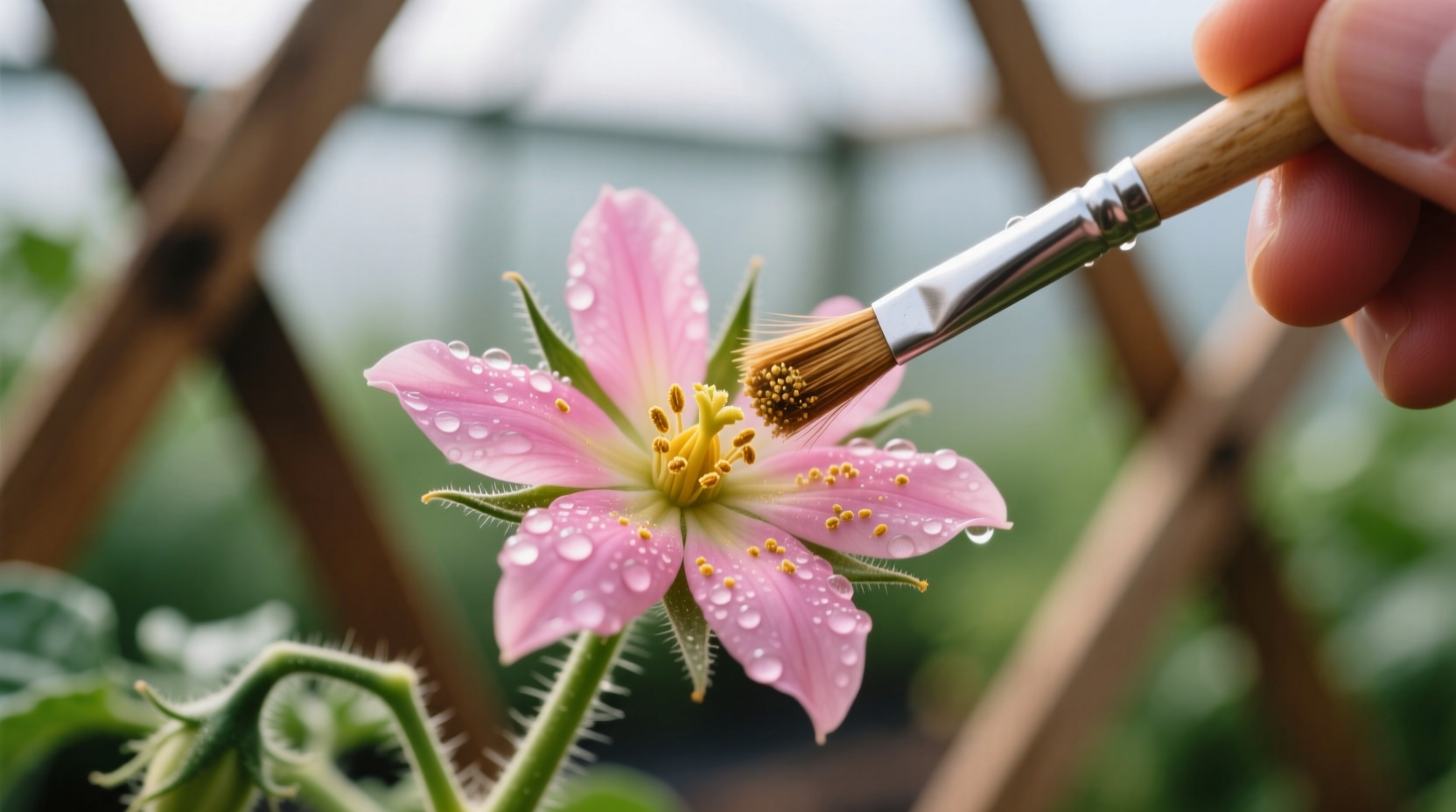 Close-up of tomato blossom being hand pollinated with small brush