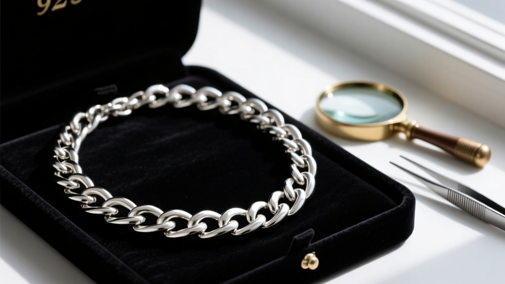 Close-up of a chunky 925 sterling silver chain necklace on dark velvet next to a jeweler's loupe and hallmark guide