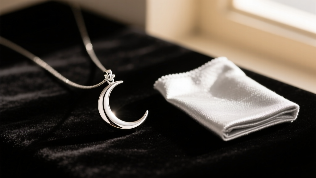 Sterling silver crescent moon pendant resting on dark velvet next to a soft microfiber silver polishing cloth in warm light