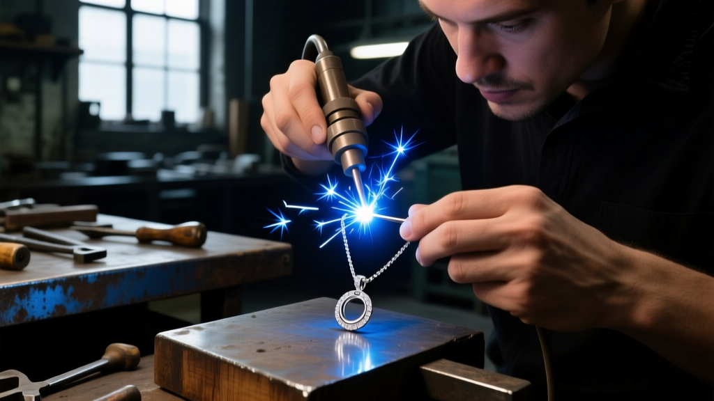 Jeweler laser-welding a platinum statement pendant necklace jump ring, bright sparks illuminating the dark workshop background.