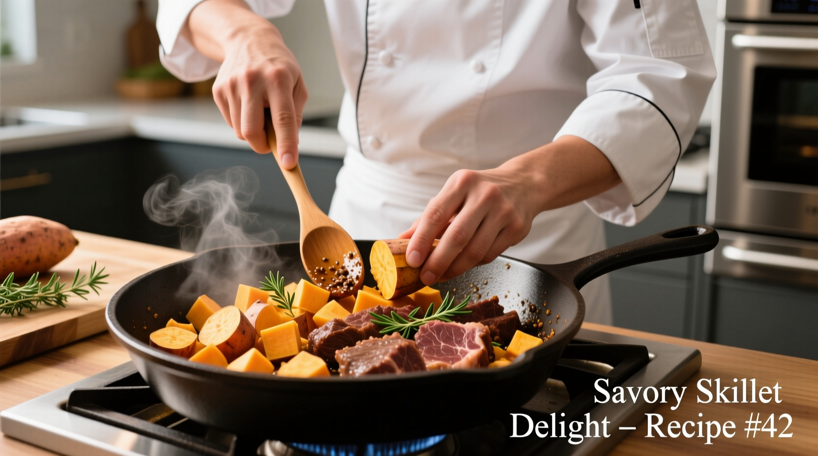 Chef preparing ground beef and sweet potato skillet