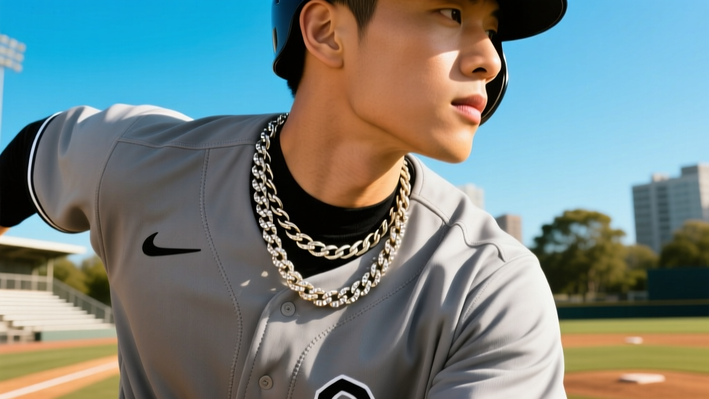 Baseball player in a grey uniform wearing a thick diamond Cuban link layered with a black magnetic titanium rope on the field