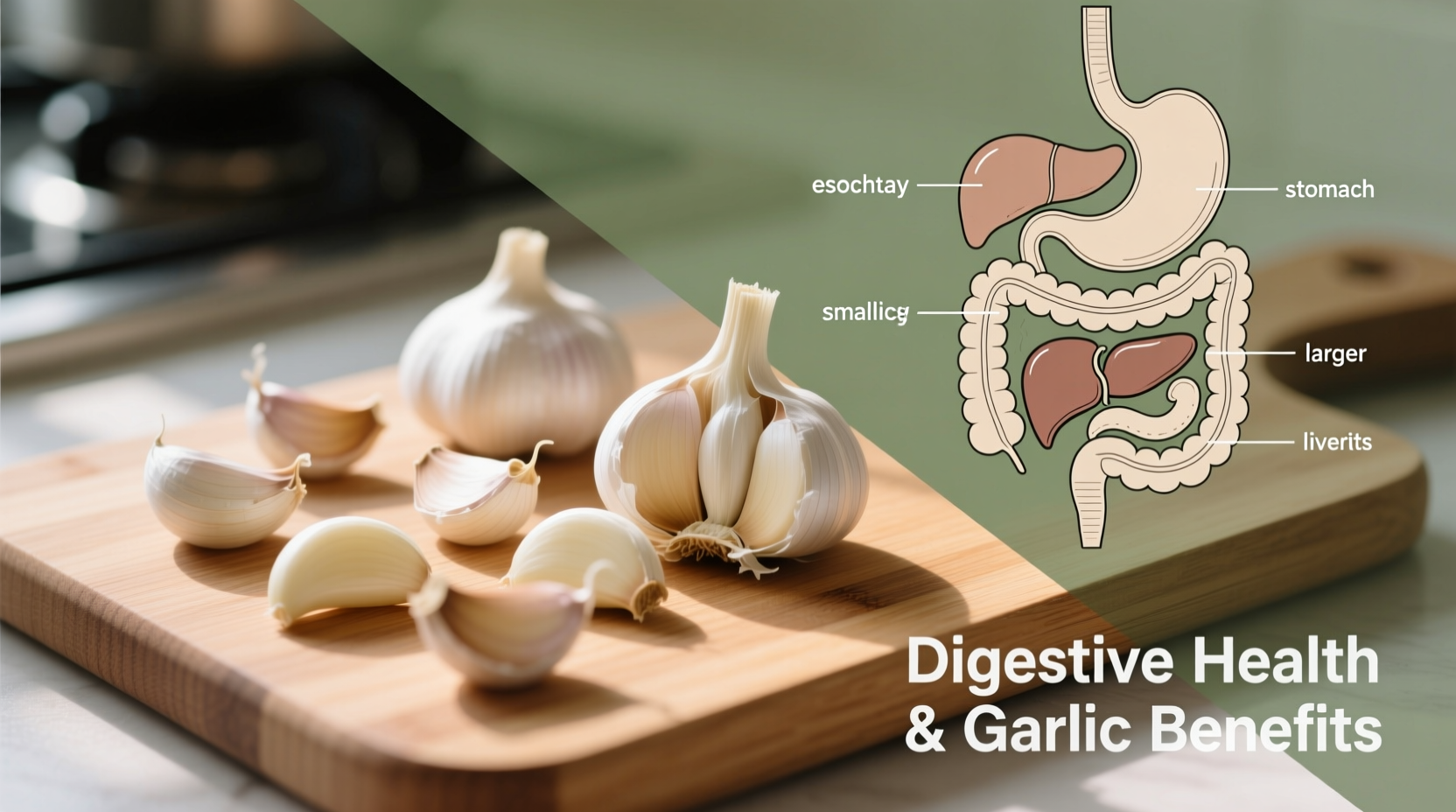 Garlic cloves on cutting board with digestive system diagram