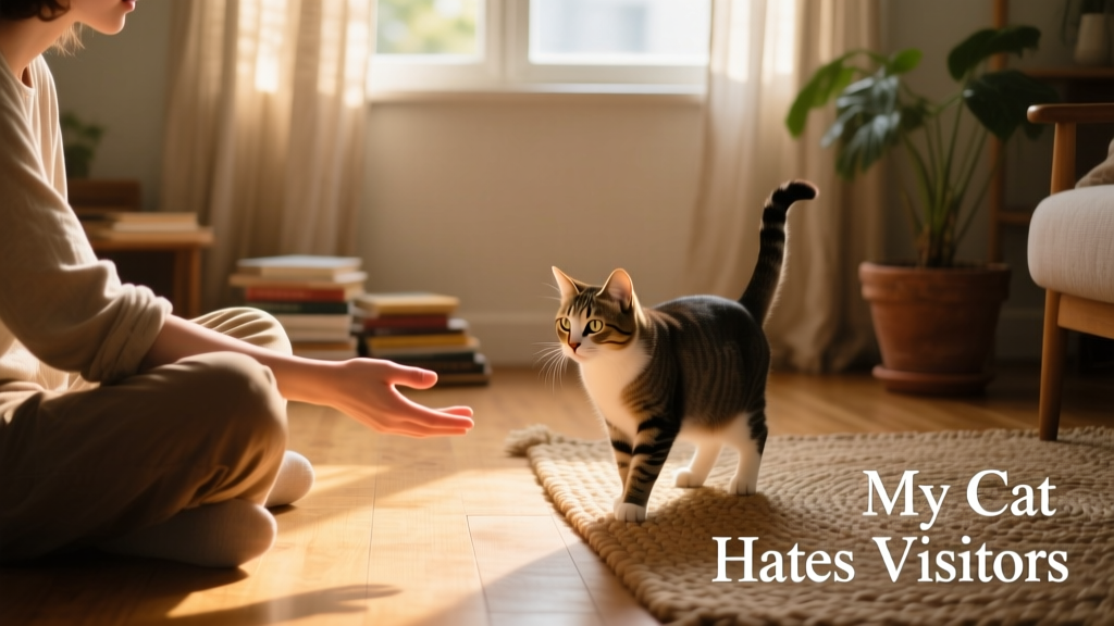 A visitor sitting calmly on the floor, offering a relaxed hand while a curious cat approaches from a short distance
