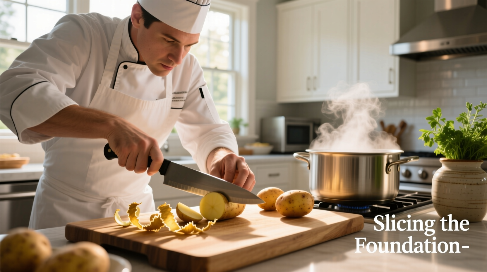 Chef preparing potatoes in kitchen
