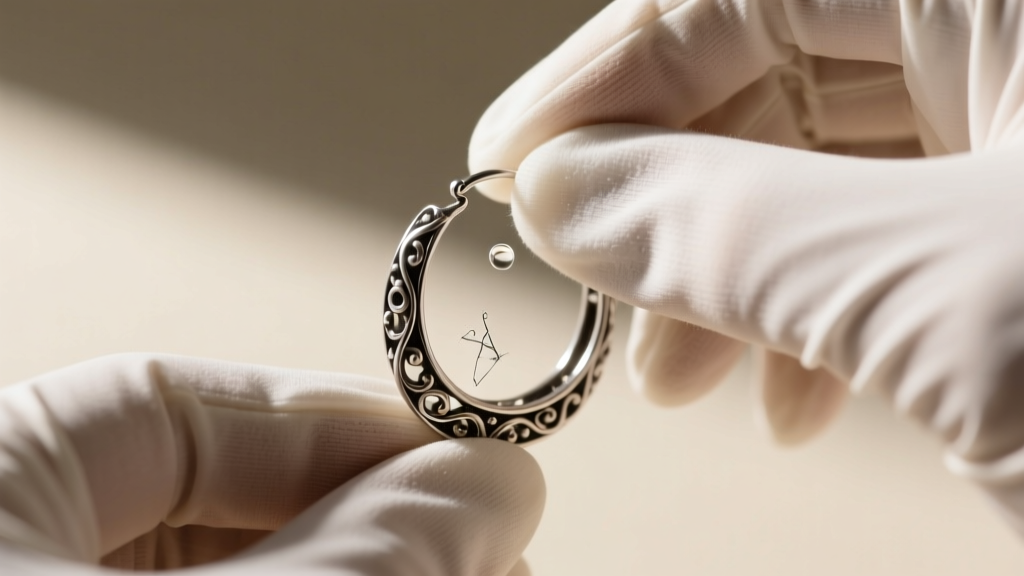 Gloved hands applying silver acid to a discreet scratch on a vintage hoop earring to verify its 925 sterling silver purity level