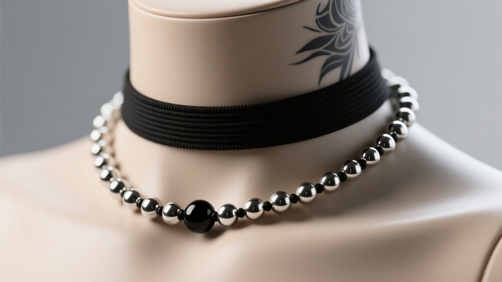 Black elastic rosary tattoo necklace with spaced silver beads on a mannequin neck, soft studio lighting, macro jewelry photo
