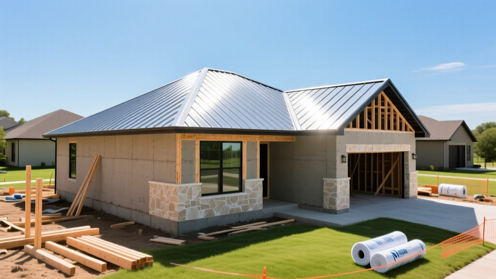 Modern single-story Texas home with standing seam metal roof and limestone accents under construction in a sunny suburban development