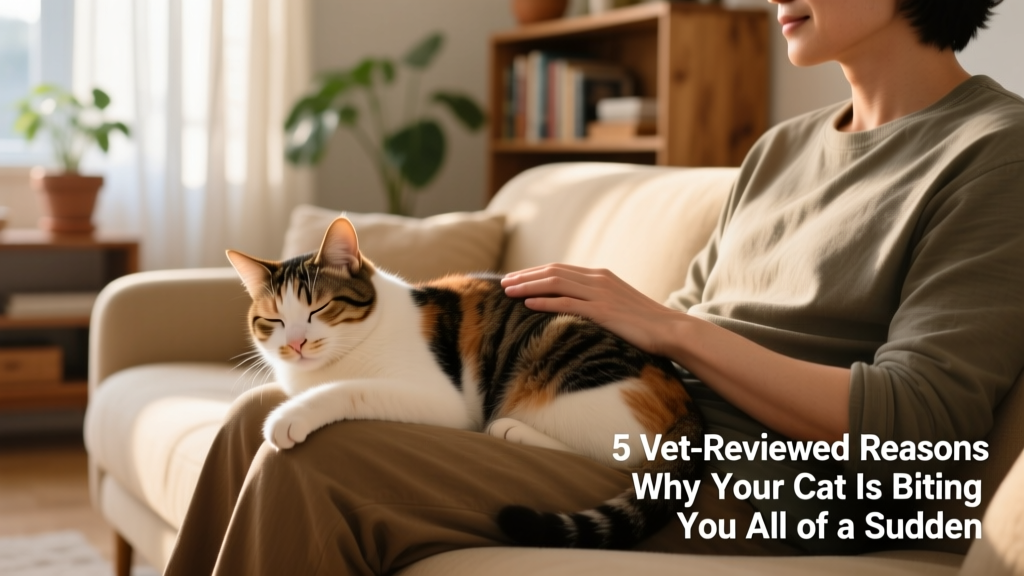 Calm cat resting beside owner on sofa, head resting gently on their lap—demonstrating relaxed, non-reactive companionship