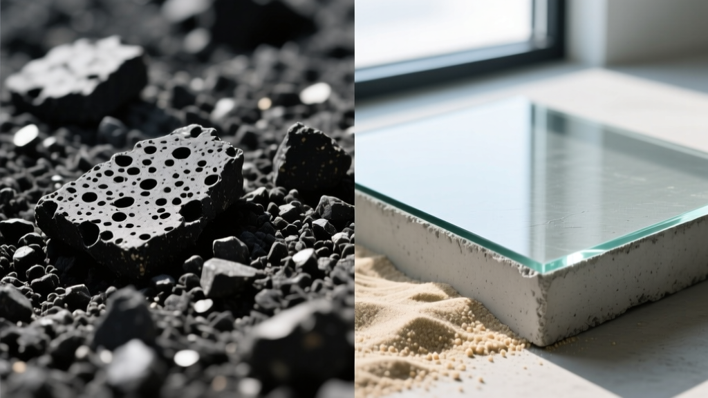 Split-screen macro view comparing dark porous asphalt aggregate mix on the left and smooth troweled Portland cement concrete on the right
