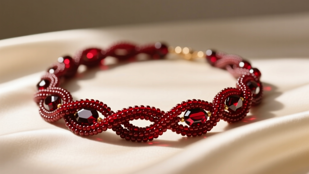 Hand-knotted beaded garnet necklace with deep red pyrope beads resting on cream silk fabric in soft, warm, and natural lighting.
