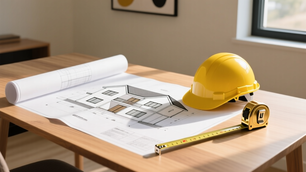 Architectural blueprint of a modern 4 bedroom two-story house unrolled on a wooden desk next to a yellow hard hat and brass measuring tape.