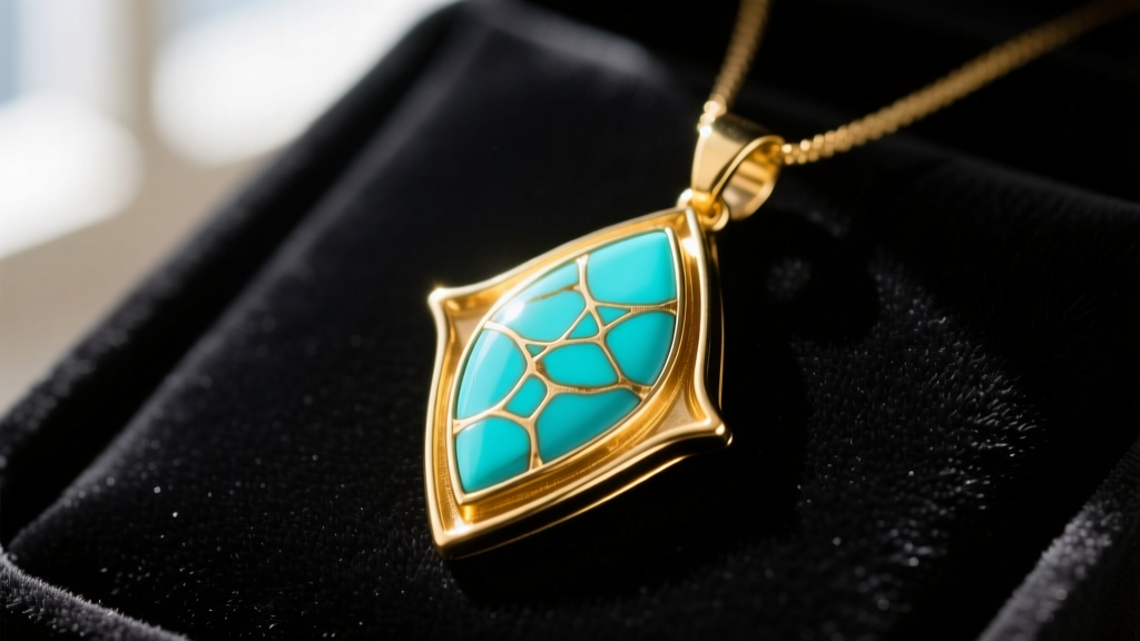 Close-up of vintage 1970s Avon gold-tone arrowhead pendant with faux turquoise inlay on a dark velvet background.