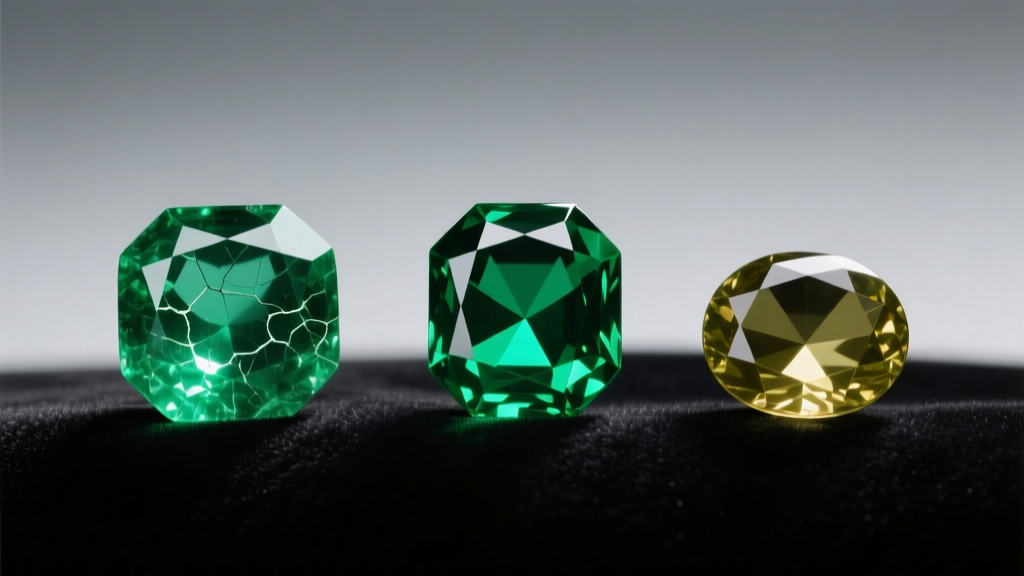 Macro view of a natural included emerald, a vivid tsavorite garnet, and an olive peridot under bright jeweler studio lighting