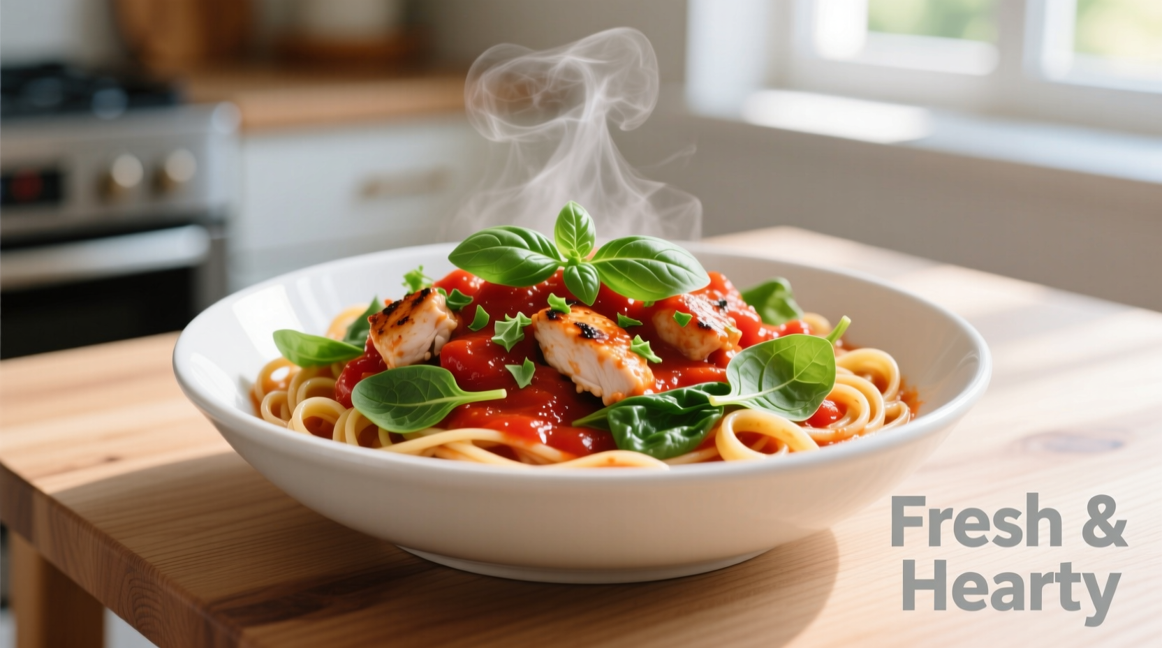 Tomato chicken spinach pasta in white bowl with fresh basil
