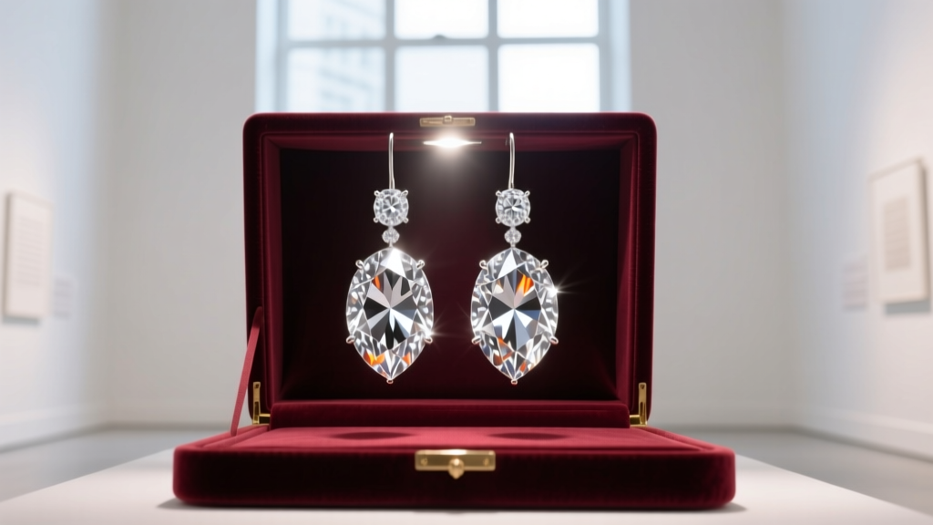 Velvet display case revealing a pair of massive D-flawless diamond chandelier earrings under dramatic gallery spotlighting