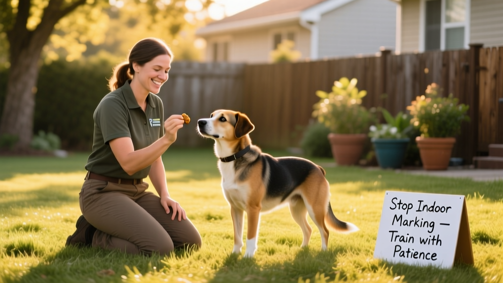 A certified dog trainer kneeling beside a calm dog on grass, holding a treat and smiling, during an outdoor training session