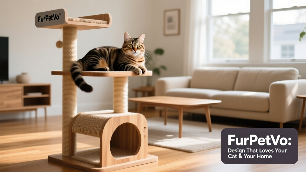Happy cat lounging on a FurPetVo-designed cat tree with integrated scratching surfaces, surrounded by undamaged home furnishings