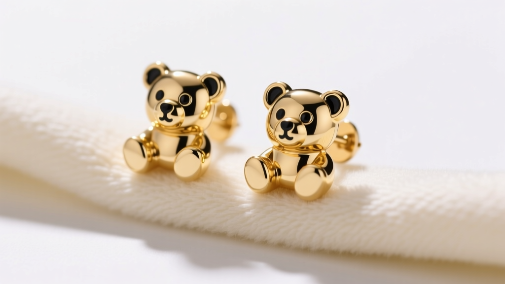Close-up of gold-plated teddy bear earrings with black enamel eyes resting on a soft microfiber cloth in bright natural light.