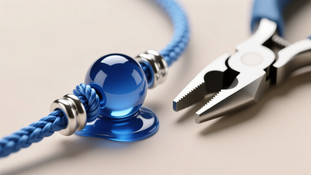 Macro shot of a melted blue nylon knotting cord forming a smooth stopper bead next to silver crimp covers and flat nose pliers.
