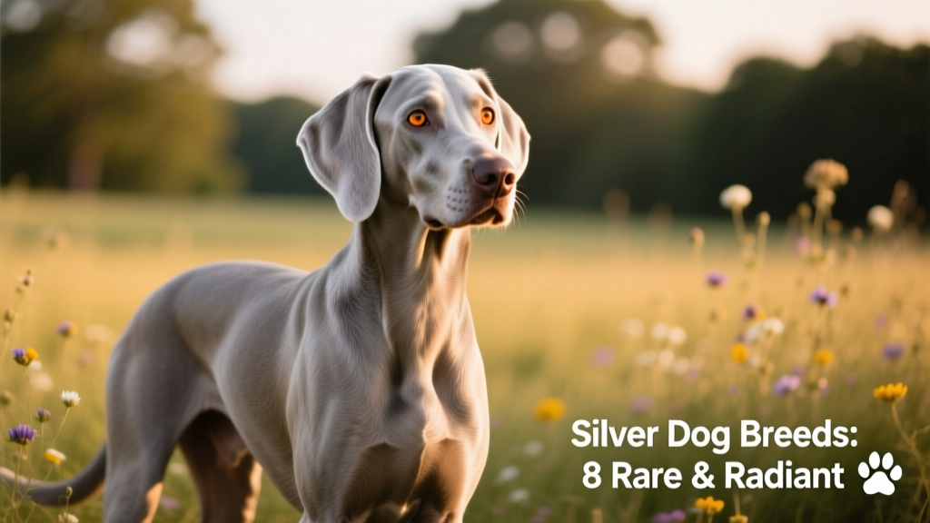 A sleek silver Weimaraner standing confidently in soft outdoor light