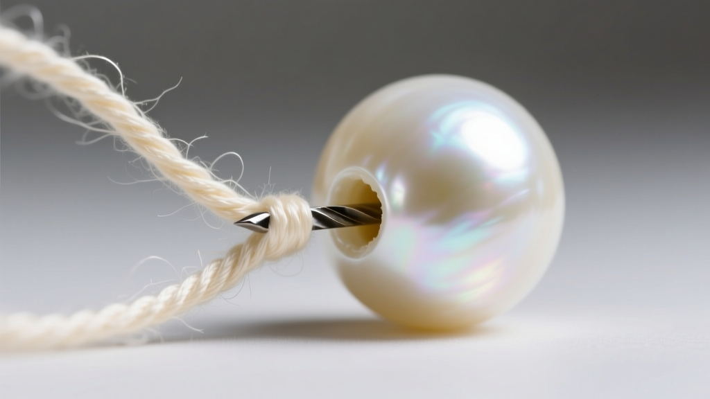 Extreme macro photography of frayed cream-colored silk thread emerging from the drill hole of a lustrous white freshwater pearl.
