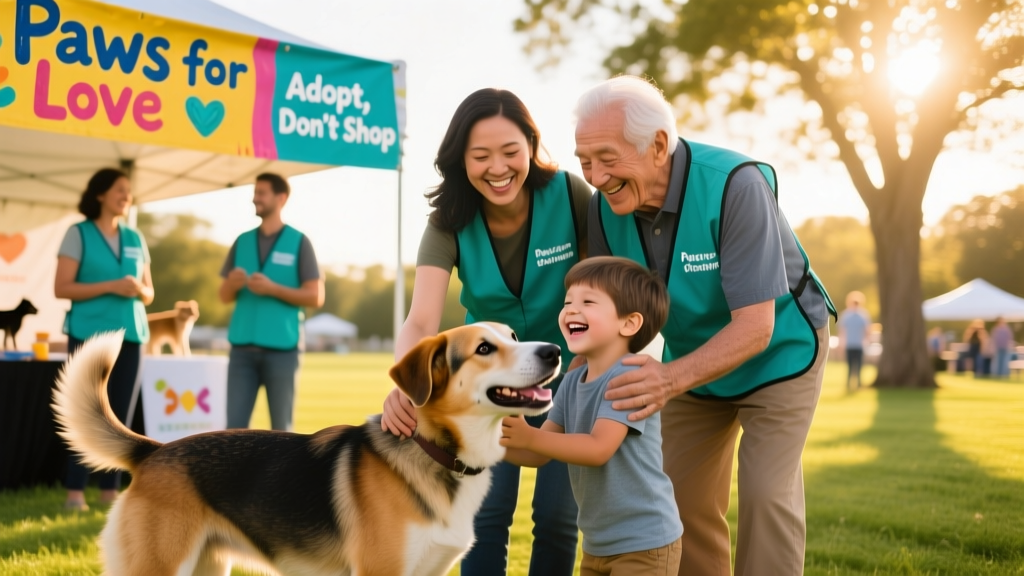 A joyful family adopting a large dog at an outdoor adoption event with banners and volunteers