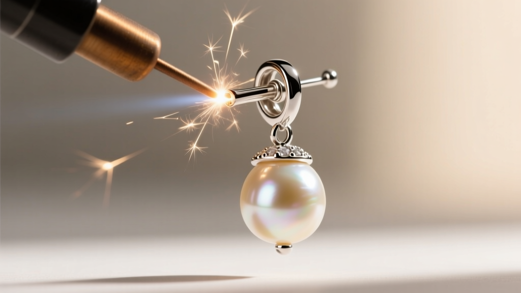 Macro shot of a laser welder fusing a sterling silver earring post to the back of a heavy vintage pearl drop clip-on earring
