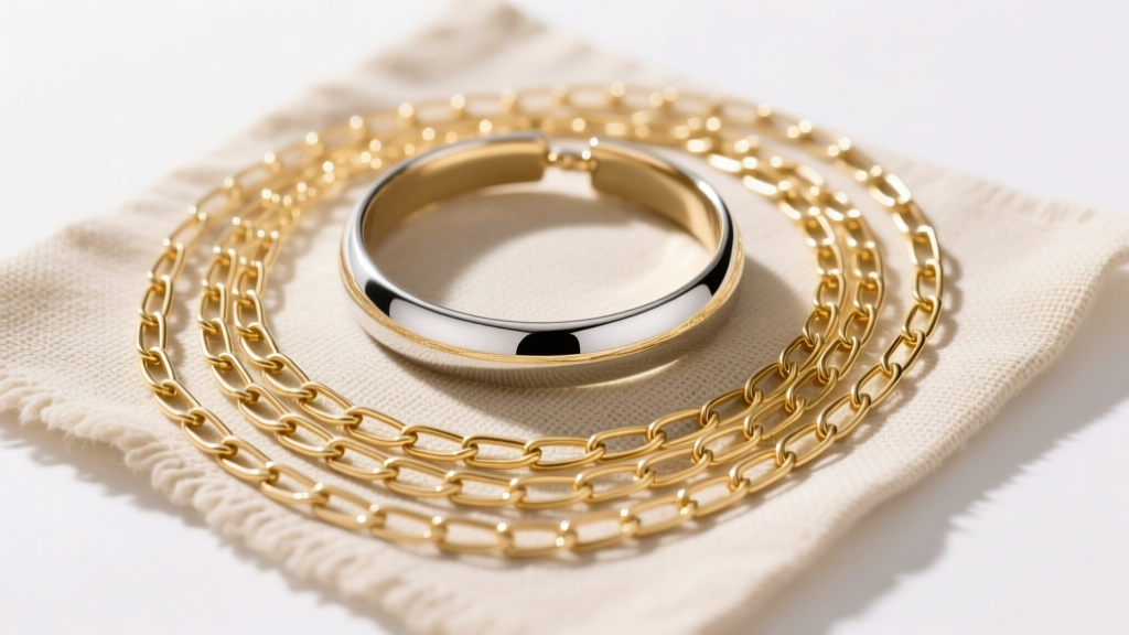 Overhead flat lay of layered 14k gold paperclip chains and a chunky silver choker on beige linen under soft natural light