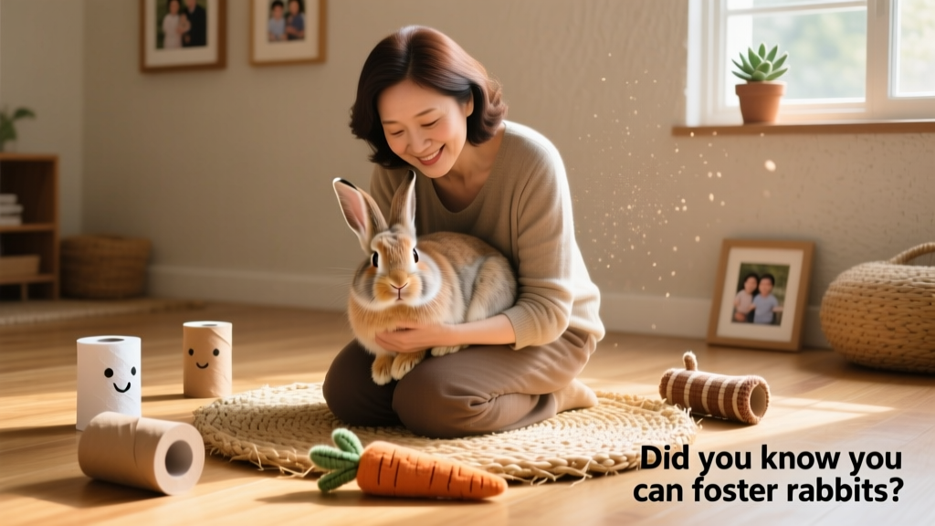 A foster parent gently interacting with a relaxed rabbit on the floor, surrounded by simple homemade toys like stuffed toilet paper rolls and woven grass mats