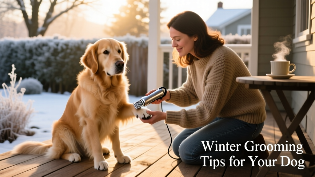 Dog owner using a quiet, handheld nail grinder on a calm, seated dog