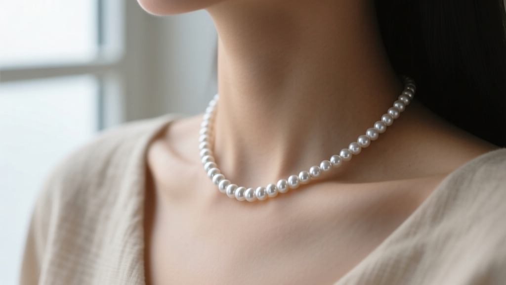 Close-up of a single pearl silver necklace on a collarbone, soft natural window lighting, minimalist and elegant aesthetic