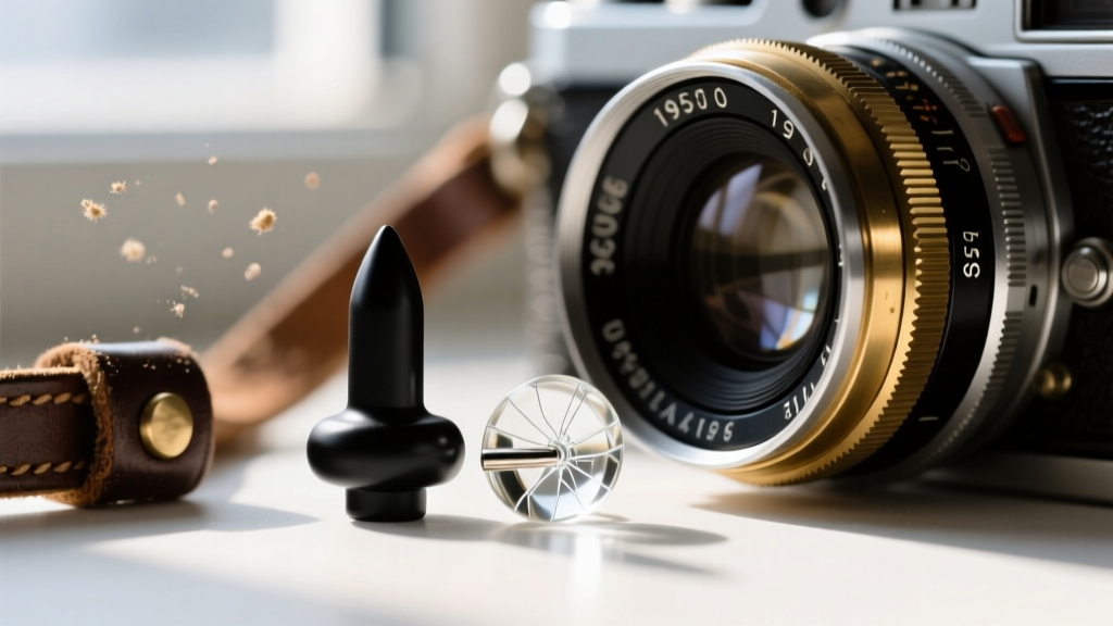 Macro shot of an 8-gauge single-flared glass ear plug with a matte black finish, placed next to a vintage film camera lens
