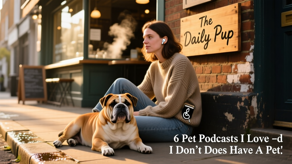 A bulldog sitting calmly beside a woman on a London sidewalk, with a cozy café in the background