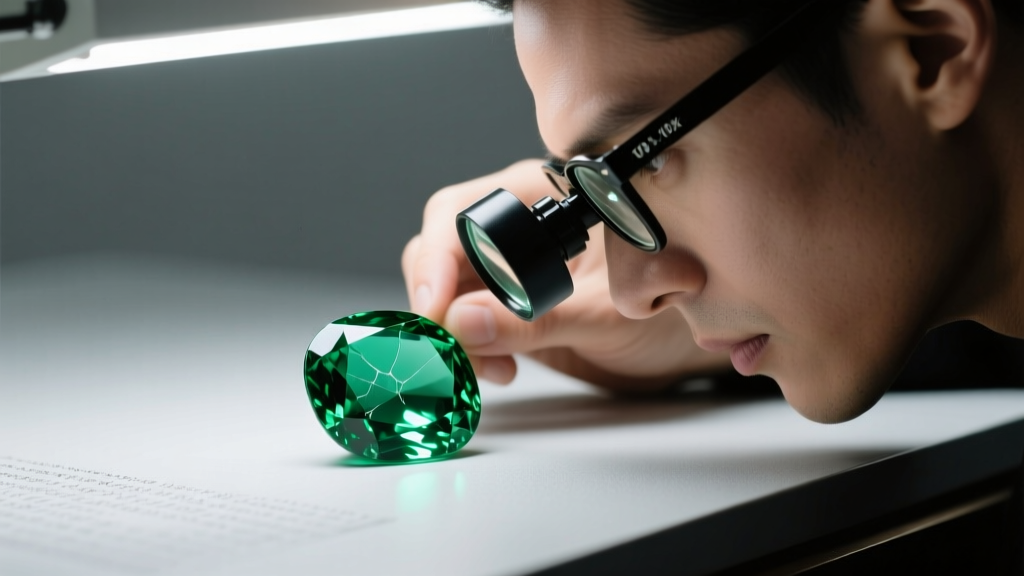 Jeweler using a 10x loupe to examine surface fractures and oil treatment of a large oval emerald under bright LED lighting.